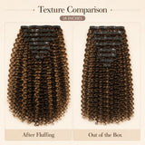 Texture comparison of Brown Highlight Deep Wave clip-in extensions showing after fluffing and out-of-the-box curl volume