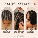 Three-step crochet hair installation showing the braid base, loop-and-secure method, and finished Ramen Curl style