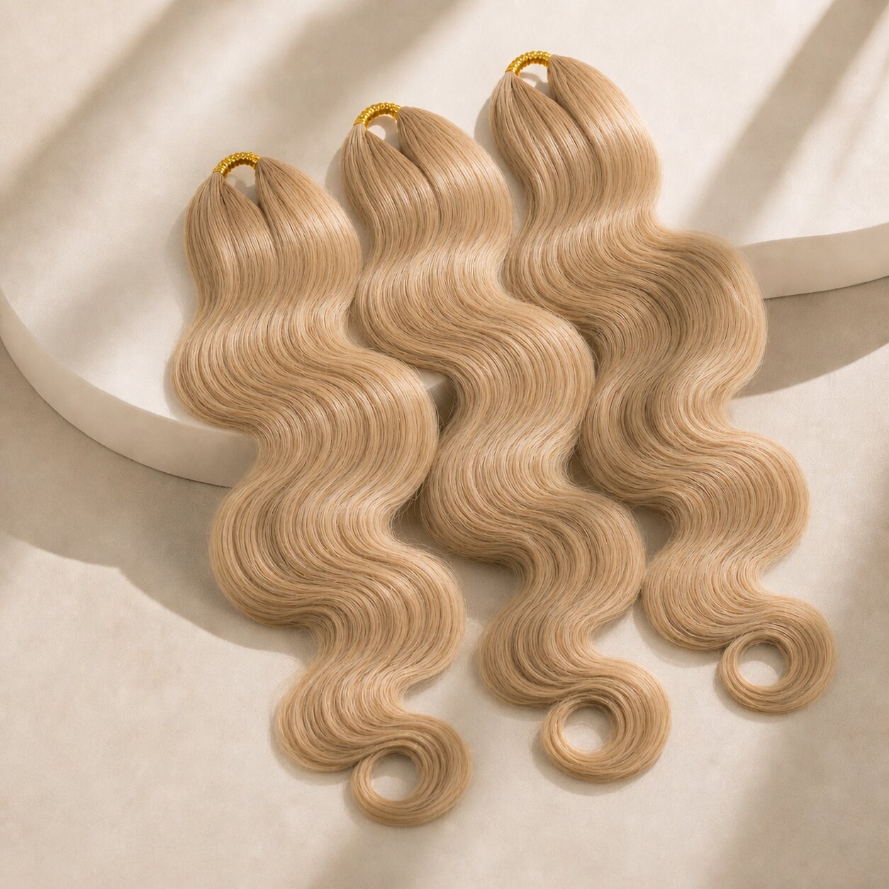 Three #27/#613 blonde blend body wave crochet human hair bundles arranged on a warm beige studio pedestal
