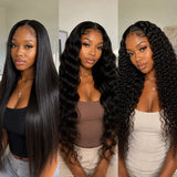 Three models wearing UrbanChichair virgin human hair bundles in straight, Cambodian wavy, and Burmese curly textures