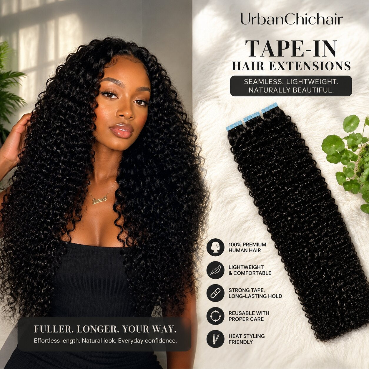 Top-down flat lay of black curly tape-in hair extensions on a white soft background, with soft natural lighting. Key features highlighted using icons: 100% premium human hair, lightweight & comfortable, reusable, heat styling friendly, strong tape for long-lasting hold. Full, healthy ends visible in zoomed inset.