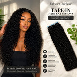 Top-down flat lay of black curly tape-in hair extensions on a white soft background, with soft natural lighting. Key features highlighted using icons: 100% premium human hair, lightweight & comfortable, reusable, heat styling friendly, strong tape for long-lasting hold. Full, healthy ends visible in zoomed inset.