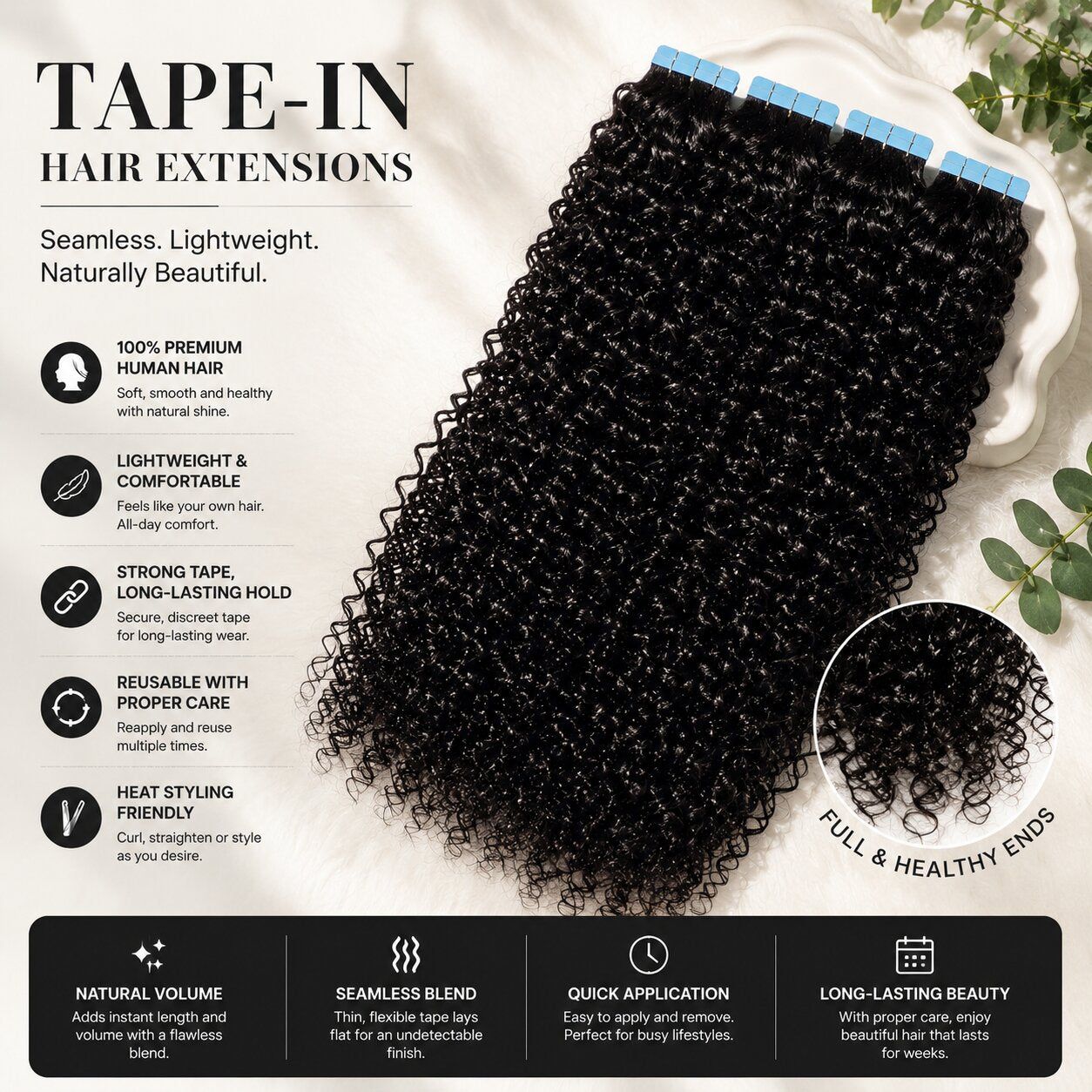 Top-down flat lay of curly black tape-in hair extensions arranged neatly on a soft white faux-fur background. Icons highlight product features: 100% virgin human hair, lightweight & comfortable, reusable, heat styling friendly, strong tape for long-lasting hold. Premium, clean presentation emphasizing natural texture and healthy shine.