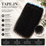 Top-down flat lay of curly black tape-in hair extensions arranged neatly on a soft white faux-fur background. Icons highlight product features: 100% virgin human hair, lightweight & comfortable, reusable, heat styling friendly, strong tape for long-lasting hold. Premium, clean presentation emphasizing natural texture and healthy shine.