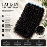 Top-down flat lay of curly black tape-in hair extensions arranged neatly on a soft white faux-fur background. Icons highlight product features: 100% virgin human hair, lightweight & comfortable, reusable, heat styling friendly, strong tape for long-lasting hold. Premium, clean presentation emphasizing natural texture and healthy shine.