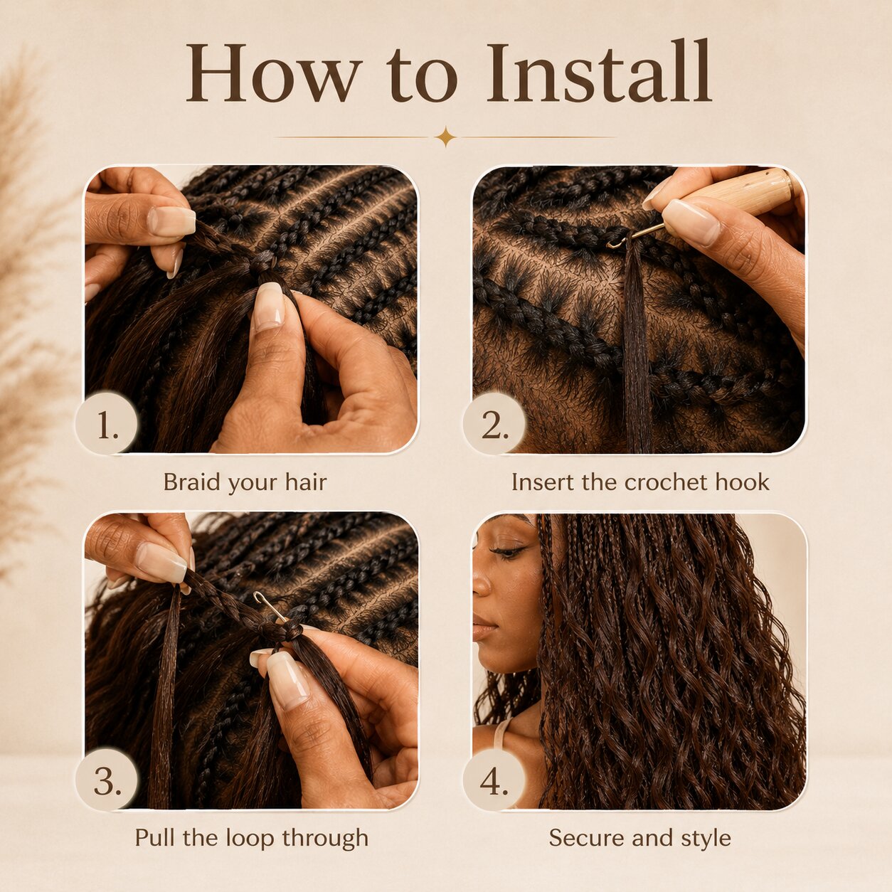 Two #4 Chocolate Brown Body Wave Crochet Human Hair bundles on beige satin background