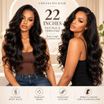 Two views of a Black woman wearing a 22-inch loose body wave glueless human hair wig with long black waves, natural volume, and a side part.