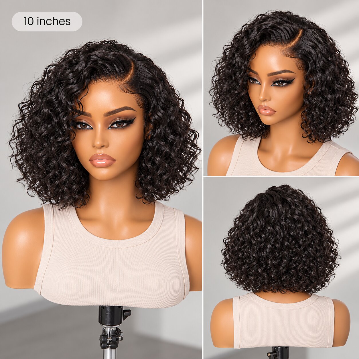 UrbanChicHair 10 Inch Water Wave Short Curly Bob Wig displayed on a mannequin with front, side and back views of natural black curls.