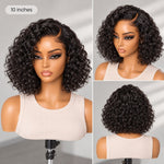 UrbanChicHair 10 Inch Water Wave Short Curly Bob Wig displayed on a mannequin with front, side and back views of natural black curls.