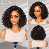 UrbanChicHair 10 Inch Water Wave Short Curly Bob Wig displayed on a mannequin with front, side and back views of natural black curls.