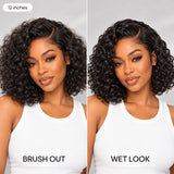UrbanChicHair 12 Inch Water Wave Glueless Human Hair Bob Wig showing voluminous brushed-out curls versus defined wet-look curls.