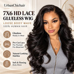 UrbanChicHair 7x6 HD lace glueless loose body wave human hair wig with pre-cut lace, natural-looking hairline, and glossy black waves.