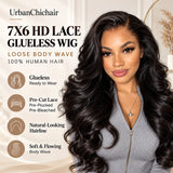 UrbanChicHair 7x6 HD lace glueless loose body wave human hair wig with pre-cut lace, natural-looking hairline, and glossy black waves.