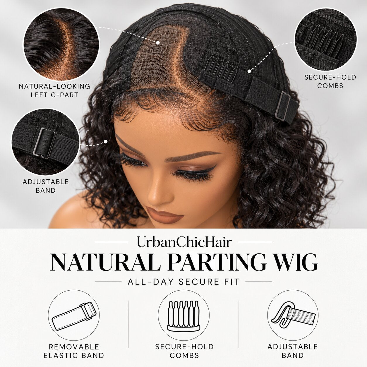 UrbanChicHair Curly Bob Wig cap construction featuring a natural-looking left C-part, minimalist HD lace, secure combs and adjustable band.