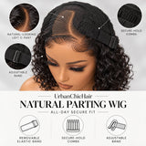 UrbanChicHair Curly Bob Wig cap construction featuring a natural-looking left C-part, minimalist HD lace, secure combs and adjustable band.