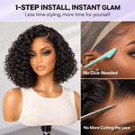 UrbanChicHair Glueless Water Wave Bob Wig with pre-cut HD lace, showing easy installation, natural hairline and no-glue styling.