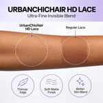 UrbanChicHair HD Lace Wig comparison showing fine transparent HD lace blending into brown skin versus more visible regular lace.