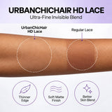 UrbanChicHair HD Lace Wig comparison showing fine transparent HD lace blending into brown skin versus more visible regular lace.