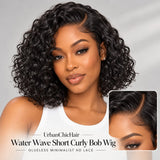 UrbanChicHair Water Wave Short Curly Bob Glueless Human Hair Wig with natural black curls, left C-part and close-up HD lace hairline detail.
