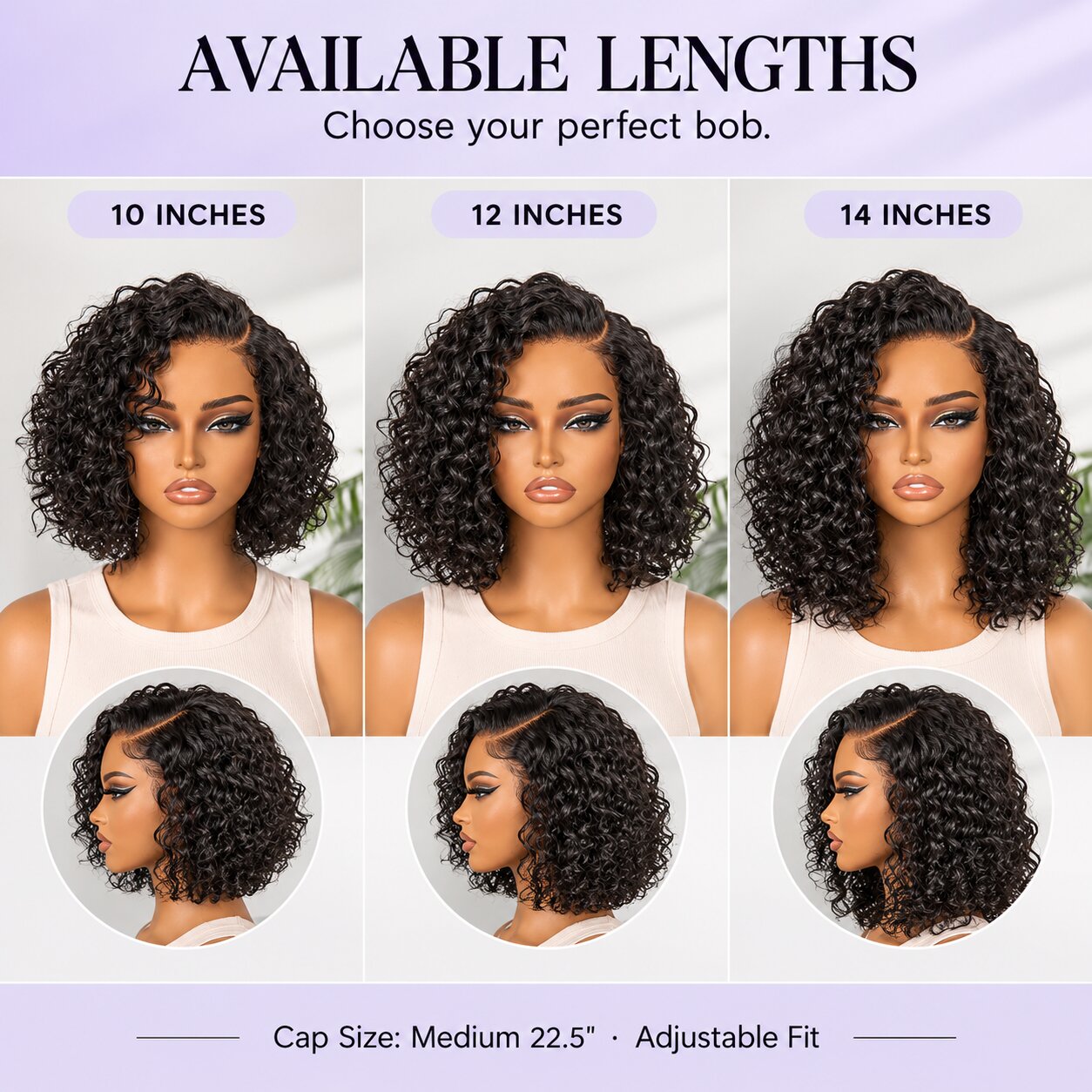 UrbanChicHair Water Wave Short Curly Bob Human Hair Wigs in 10, 12 and 14 inch lengths, showing different curly bob styles and volume.