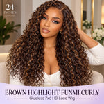 UrbanChicHair brown highlight Funmi curly human hair wig modeled with long defined curls, caramel highlights, and a natural side part.