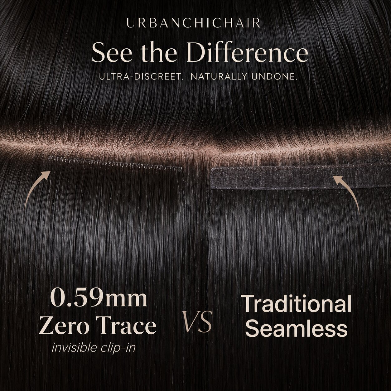 UrbanChichair 0.59mm zero trace invisible clip-in hair extensions comparison showing ultra-thin weft versus traditional seamless weft