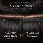 UrbanChichair 0.59mm zero trace invisible clip-in hair extensions comparison showing ultra-thin weft versus traditional seamless weft