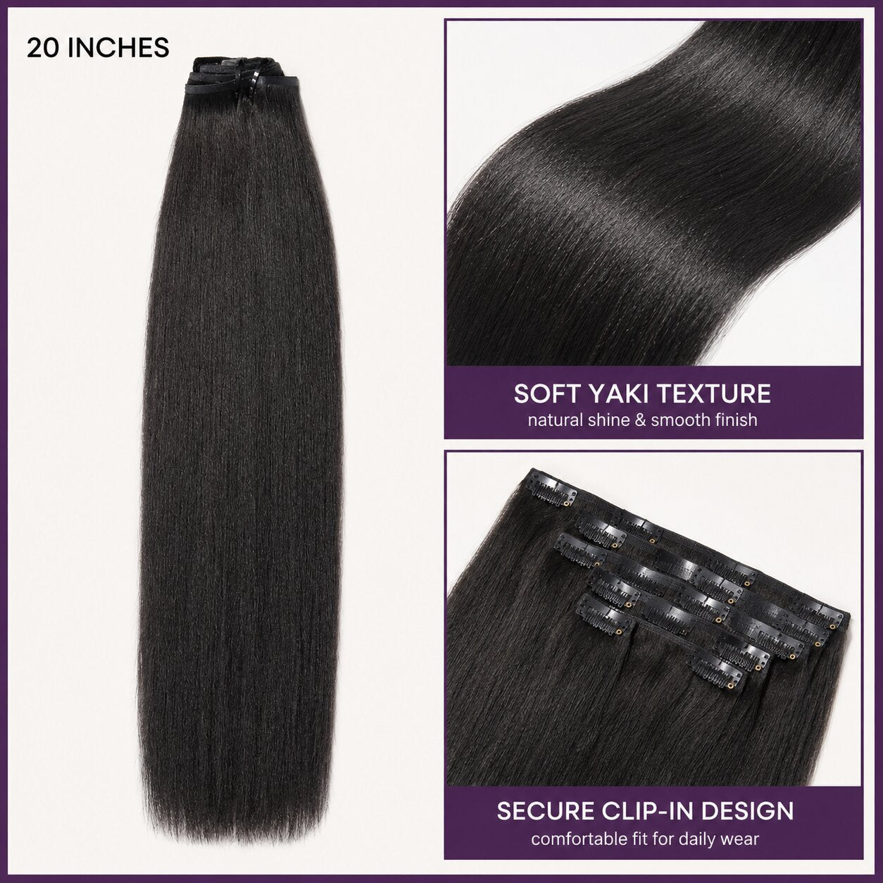 UrbanChichair 20 inch Yaki Straight Clip-In Human Hair Extensions showing soft yaki texture and secure clip-in design