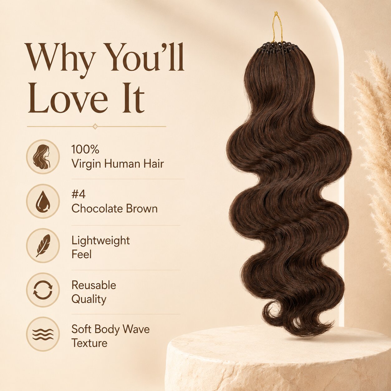 UrbanChichair #4 Chocolate Brown Body Wave Crochet Human Hair feature image with virgin human hair and reusable quality highlights