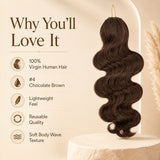 UrbanChichair #4 Chocolate Brown Body Wave Crochet Human Hair feature image with virgin human hair and reusable quality highlights