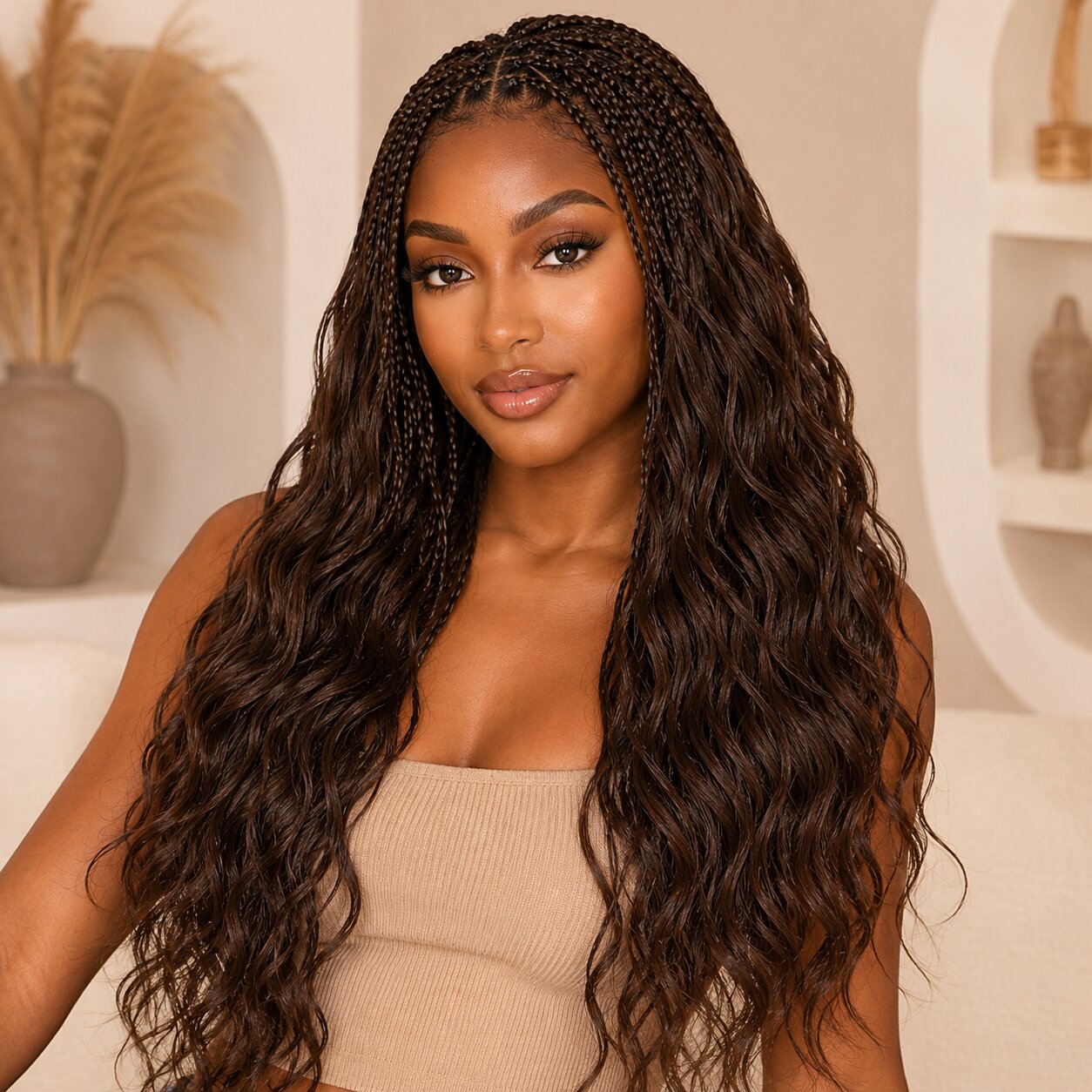 UrbanChichair #4 Chocolate Brown Body Wave Crochet Human Hair shown on model with pre-separated strand detail