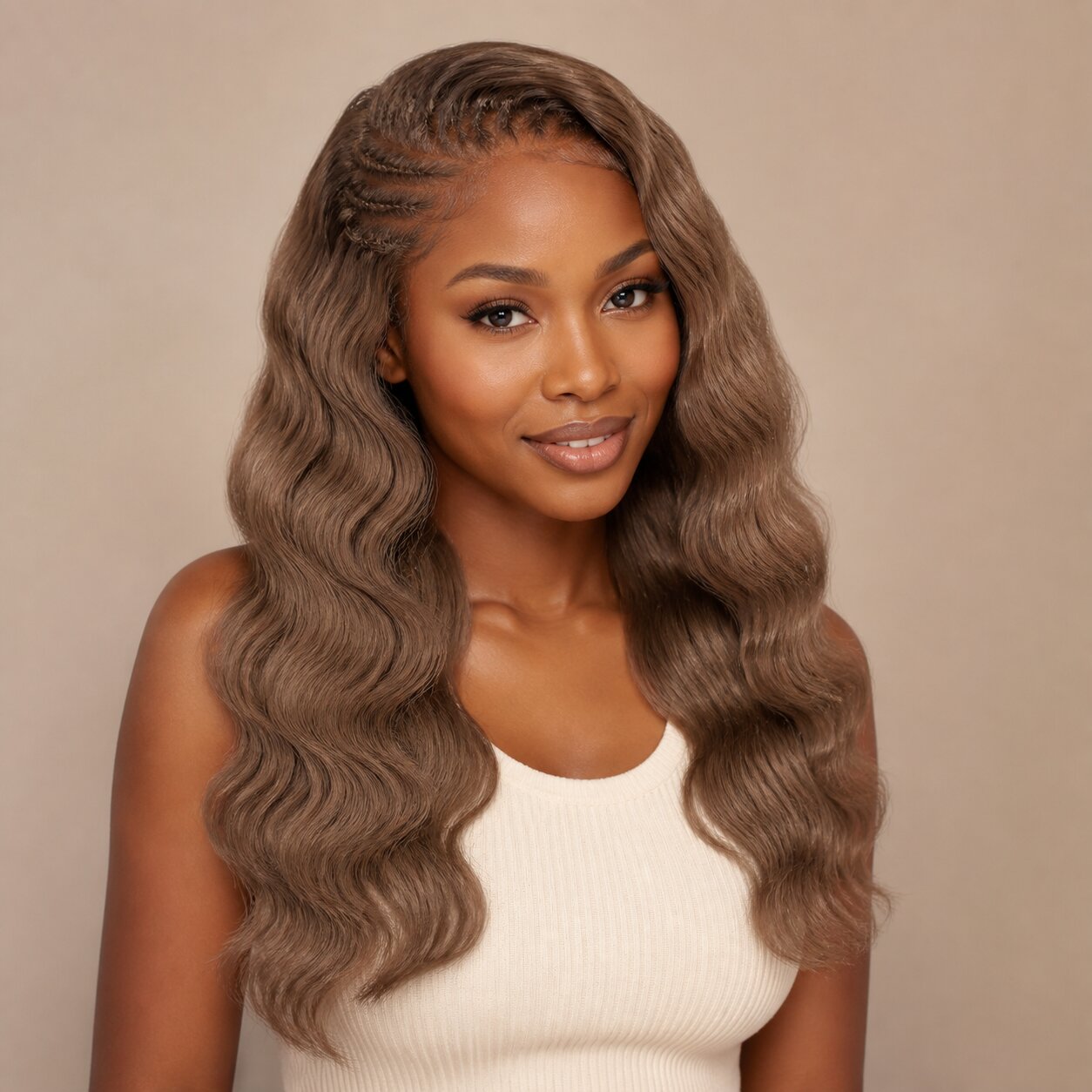 UrbanChichair #8 light brown body wave crochet human hair on a warm ivory background