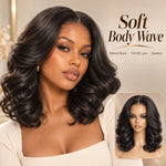 UrbanChichair Body Wave 7x6 HD Lace Glueless Human Hair Wig in Natural Black, featuring soft voluminous waves and a mannequin product preview.