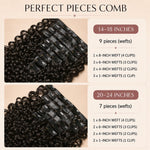 UrbanChichair Burmese Curly Clip-In Extensions pieces guide showing 14–18 inch 9-piece set and 20–24 inch 7-piece set with seamless clip-in weft details.