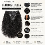 UrbanChichair Burmese Curly Clip-In Human Hair Extensions feature image showing seamless weft design, secure clips, natural curls, and reusable human hair quality
