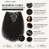 UrbanChichair Burmese Curly Clip-In Human Hair Extensions feature image showing seamless weft design, secure clips, natural curls, and reusable human hair quality