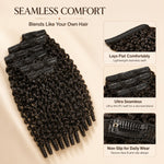 UrbanChichair Burmese Curly Seamless Clip-In Extensions feature graphic showing 100% human hair, finger coil ends, seamless comfort, and instant fullness.