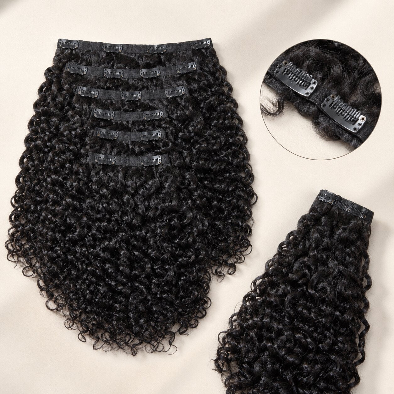 UrbanChichair Burmese Curly Seamless Clip-In Hair Extensions 135g displayed in a clean flat lay with natural black curly human hair and secure clips