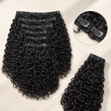 UrbanChichair Burmese Curly Seamless Clip-In Hair Extensions 135g displayed in a clean flat lay with natural black curly human hair and secure clips