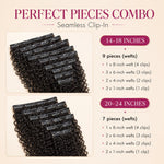 UrbanChichair Burmese Curly Seamless Clip-In Hair Extensions arranged in 9-piece and 7-piece weft combo for 14–24 inch lengths