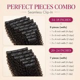 UrbanChichair Burmese Curly Seamless Clip-In Hair Extensions arranged in 9-piece and 7-piece weft combo for 14–24 inch lengths