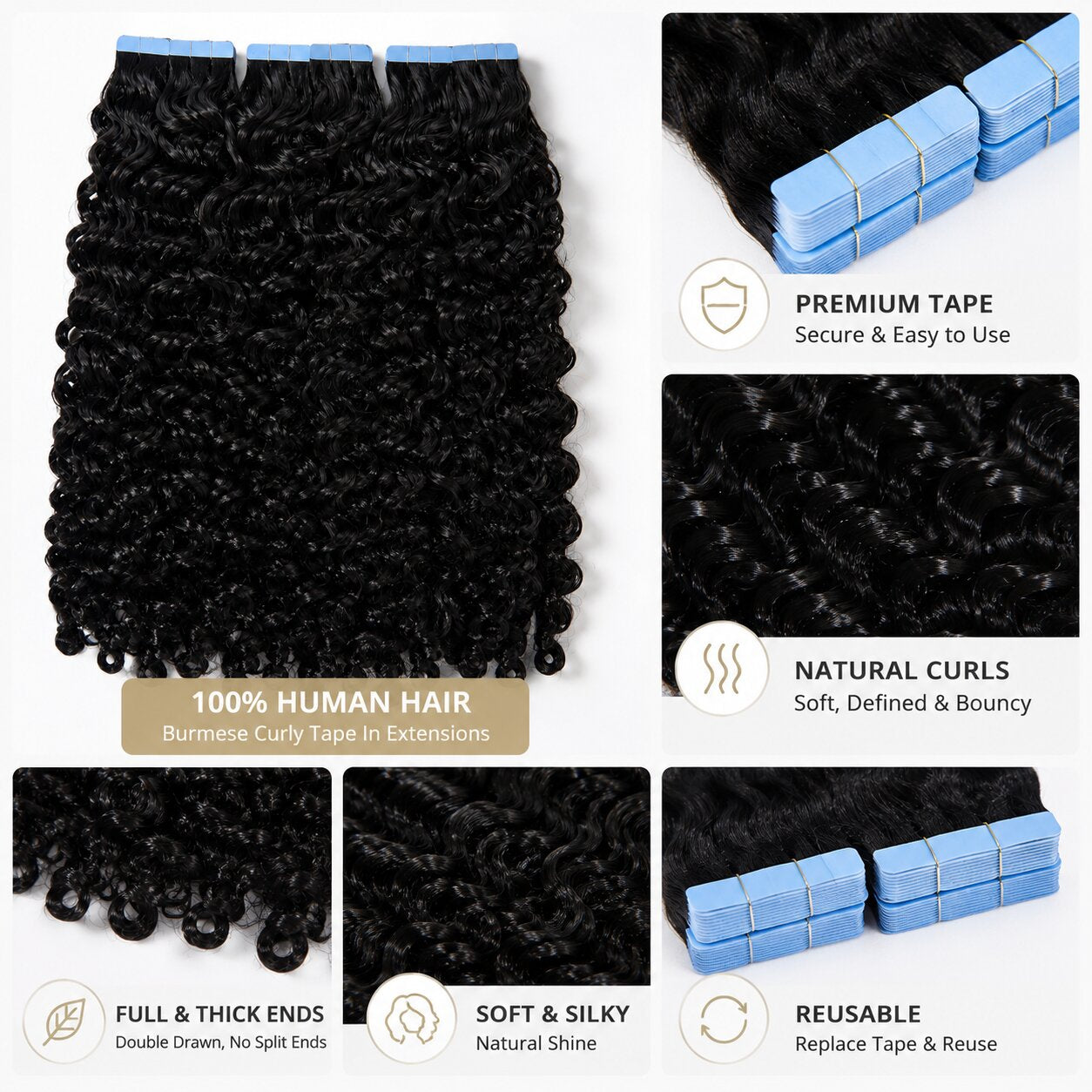 UrbanChichair Burmese Curly Tape In Hair Extensions detail image showing premium tape tabs, soft defined curls, full thick ends, and reusable human hair wefts