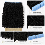 UrbanChichair Burmese Curly Tape In Hair Extensions detail image showing premium tape tabs, soft defined curls, full thick ends, and reusable human hair wefts