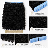 UrbanChichair Burmese Curly Tape In Hair Extensions detail image showing premium tape tabs, soft defined curls, full thick ends, and reusable human hair wefts