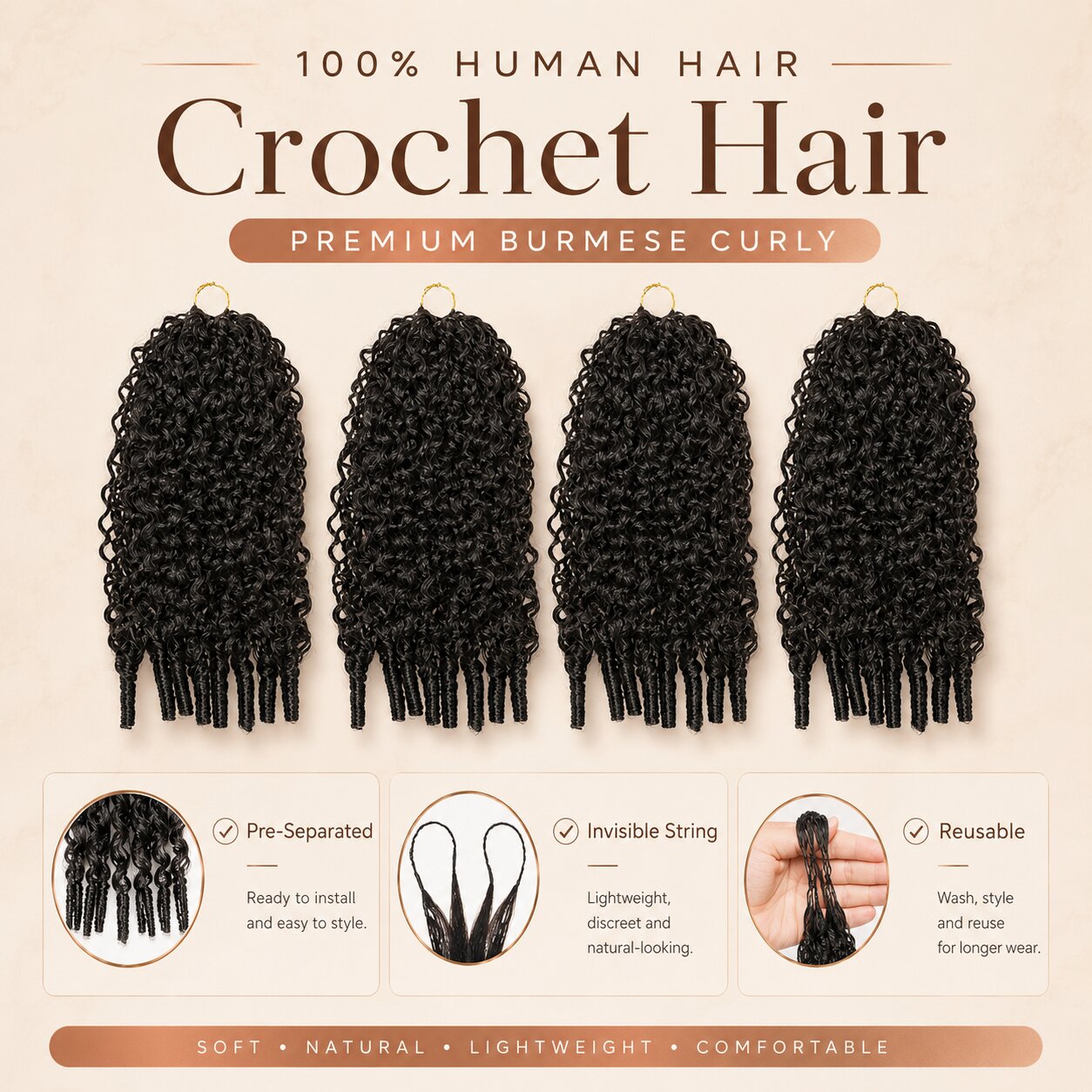 UrbanChichair Burmese curly crochet human hair bundles with pre-separated invisible string design