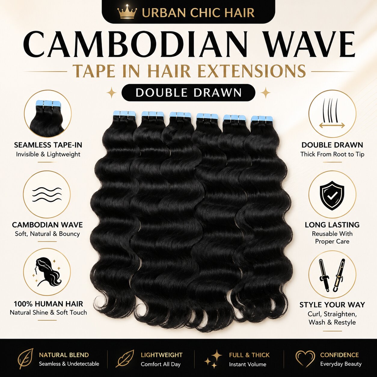 UrbanChichair Cambodian Wave tape in hair extensions feature image showing double drawn fullness, seamless tape-in design, and natural wave texture