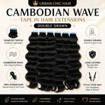 UrbanChichair Cambodian Wave tape in hair extensions feature image showing double drawn fullness, seamless tape-in design, and natural wave texture
