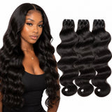 UrbanChichair Cambodian wavy virgin human hair bundles with model wearing soft glossy waves and matching hair bundles