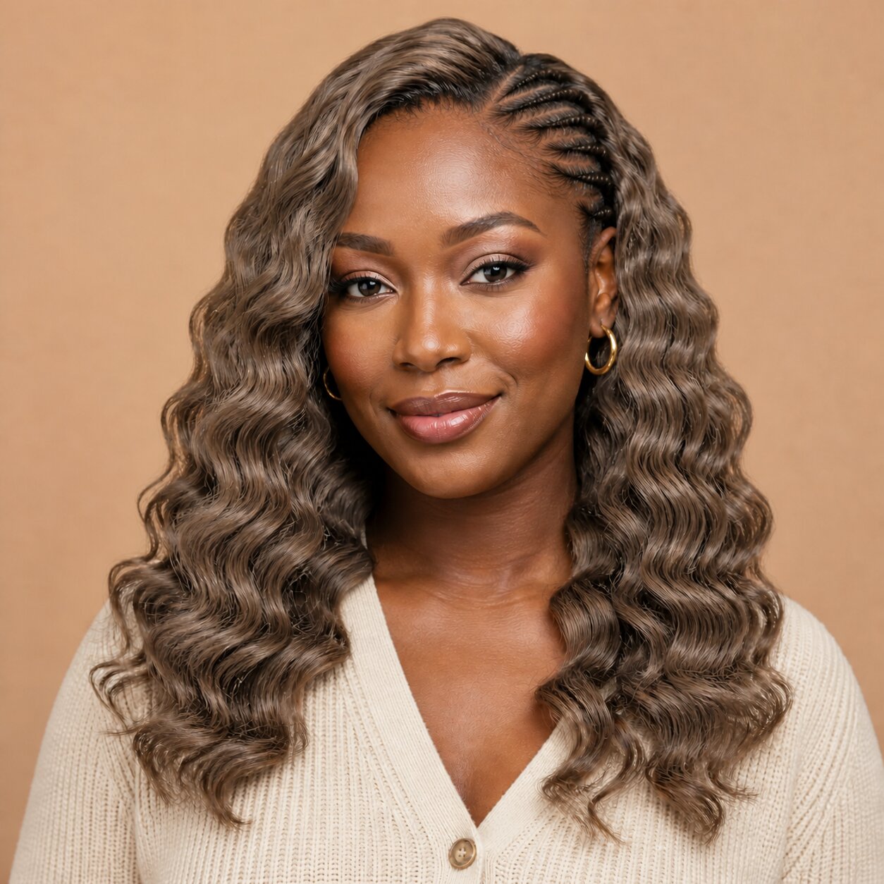 UrbanChichair Color #8 light brown loose deep wave human crochet hair on a warm ivory background