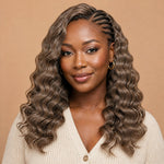 UrbanChichair Color #8 light brown loose deep wave human crochet hair on a warm ivory background